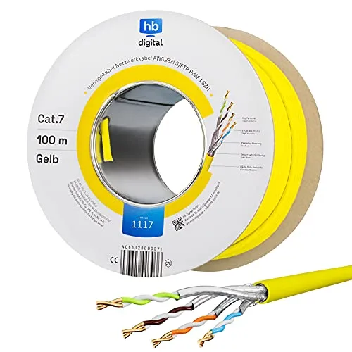 hb-digital Netzwerkkabel LAN Verlegekabel Cabel 100m CAT 7 Kupfer Profi S/FTP PIMF LSZH Halogenfrei gelb RoHS-Compliant cat. 7 Cat7 AWG 23/1