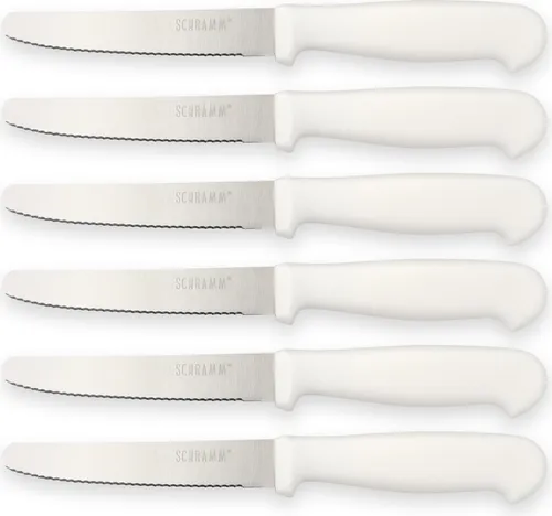 Schramm® 6 Stück Frühstücksmesser wählbar in schwarz, weiß oder bunt Brötchenmesser Brotzeitmesser mit Wellenschliff Tafelmesser Edelstahl ca. 22 cm lang, Farbe:weiss