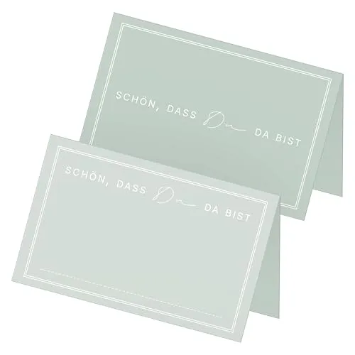 itenga 48x Tischkarten „Schön, DASS du da bist“ – Design V3 – Moderne Platzkarten für Hochzeit, Taufe, Geburtstag – 9 x 5 cm – in 13 Farben erhältlich (eukalyptus grün)
