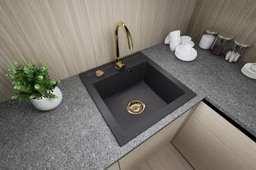 Granitspüle 48x50 - Elegantes Spülbecken in Gold Granit - Sanitäranlagen & Zubehör: Hochwertige Granitspüle für Unterschränke ab 45 cm, inklusive Siphon Set und stilvoller schwarzer Armatur – perfekt für moderne Küchen.