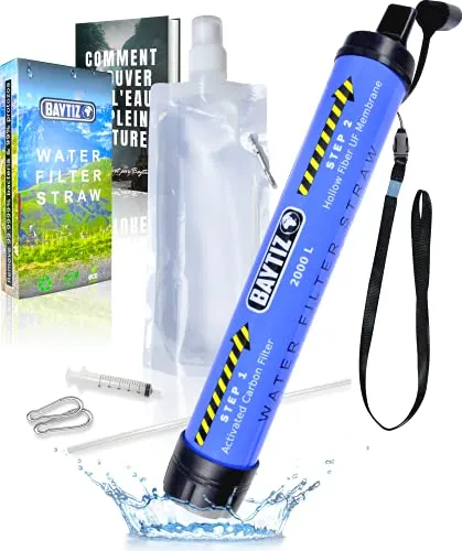 BAYTIZ ® Wasserfilter Outdoor + Trinkflasche - Wasser Filter Strohhalm Survival Kit Wandern Camping Ausrüstung Wasserflasche Wasseraufbereiter Trinkwasser Filtersystem Water Filters Flashe Stroh Mini
