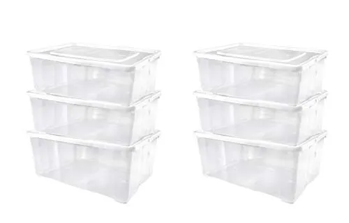 Alpfa 6er-Set Klarsicht-Schuhboxen mit Belüftung - Praktisches 6er-Set stapelbarer Schuhboxen aus robustem Kunststoff mit Belüftung. Ideal zur platzsparenden Aufbewahrung und für Ordnung im Kleiderschrank. Maße: 37x26x13 cm, 10,0 Liter.