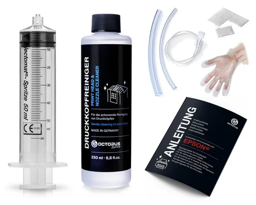 OCTOPUS Fluids Düsenreiniger 250ml für Epson Druckköpfe mit Schlauchadapter Nachfülltinte (für Epson, Reinigungsset, 1x 250 ml, Made in Germany)