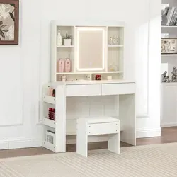 Schminktisch mit LED-Beleuchtung und Hocker in Weiß