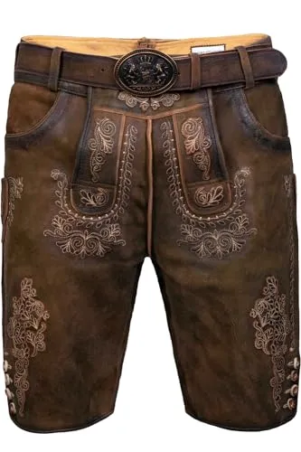 Edelnice Trachtenmode Kurze Lederhose Marcel aus Ziegenleder - Trachtenlederhose aus hochwertigem Ziegenleder mit einzigartiger 3D-Stickerei und passendem Gürtel. Ideal für besondere Anlässe und traditionelle Feste.