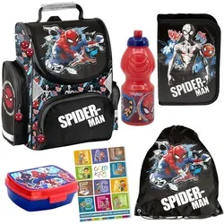 PASO Schulranzen Set für Jungen - 5-teiliges Spiderman Set - Schulranzen für die 1-3 Klasse mit ergonomischen Schultergurten, wasserabweisend und stoßfest. Inklusive Federmäppchen, Turnbeutel, Brotdose und Trinkflasche - perfekt für kleine Superhelden!