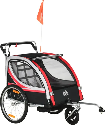 Homcom 2-in-1 Kinderanhänger, Rot - Fahrradanhänger für max. zwei Kinder, mit luftgefüllten Reifen für eine sanfte Fahrt und sicherem Fünf-Punkt-Gurtsystem. Ideal für Ausflüge und Abenteuer!