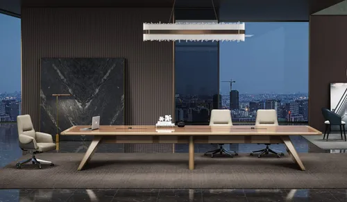 Eleganter großer Konferenztisch in Braun – ideal für Besprechungen - Brauner Konferenztisch mit praktischem Kabelauslass, perfekt für professionelle Meetings und moderne Büros.