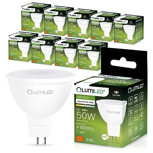 LUMILED GU5.3 LED Lampen Set 10 Stück - Energiesparlampen mit nur 6W Verbrauch, vergleichbar mit 50W Glühbirnen, 580 Lumen, 4000K neutralweiß, ideal für energieeffiziente Beleuchtung in Ihrem Zuhause.