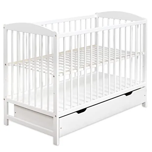 moto-MOLTICO Kinderbett 60x120 cm – Umbaubares Gitterbett mit Schublade - Babybett mit höhenverstellbarem Lattenrost, ideal für Kinder von 0 bis 5 Jahren. Die stabile Kiefernholz-Konstruktion und abgerundete Kanten sorgen für höchste Sicherheit.