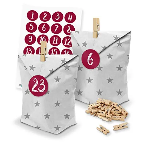 itenga Adventskalender Bastel-Set I 24 Geschenktüten Sterne aus Papier I Deko Holzklammern I Aufkleber mit den Zahlen 1 bis 24 in Bordeaux Weiß