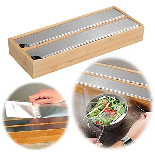 LS-LebenStil 2-Fach Holz Folienspender FSC Bambus Braun Schubladen Alufolienspender Folienschneider Alufolie Alufolien-Spender Frischhaltefolie Folienabroller