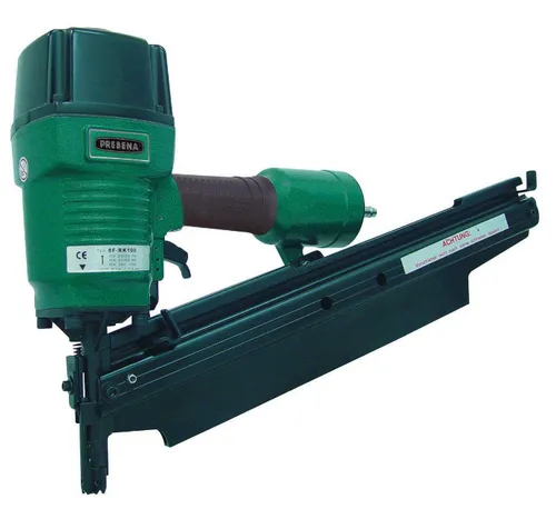 Prebena Druckluftnagler 8F-RK100 - Tacker für Streifennägel von 50-100mm, ideal für Holzrahmenbau und Dacharbeiten. Schmale Bauweise mit 20° Magazin für engen Zugang und verstellbare Einschlagtiefe.