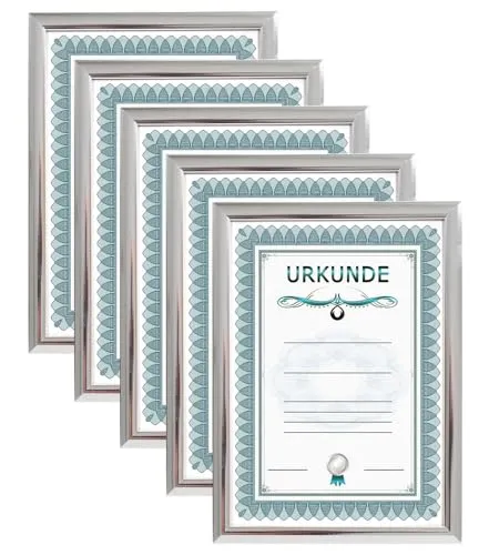 IDEAL TREND Bilderrahmen 5er Pack Silber, 21x29,7 DIN A4 - Einzelrahmen, eleganter Silberrahmen für Urkunden und Fotos, ideal für eine stilvolle Präsentation.