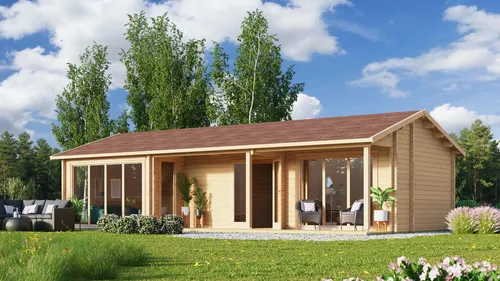 Fjordholz Gartenhaus Modell Casablanca 70 - Massives Gartenhaus mit 70mm starken Wandbohlen aus nordischer Fichte. Ideal für Gartenliebhaber, die Qualität und Langlebigkeit suchen. Inklusive Doppeltür und isolierverglasten Fenstern.
