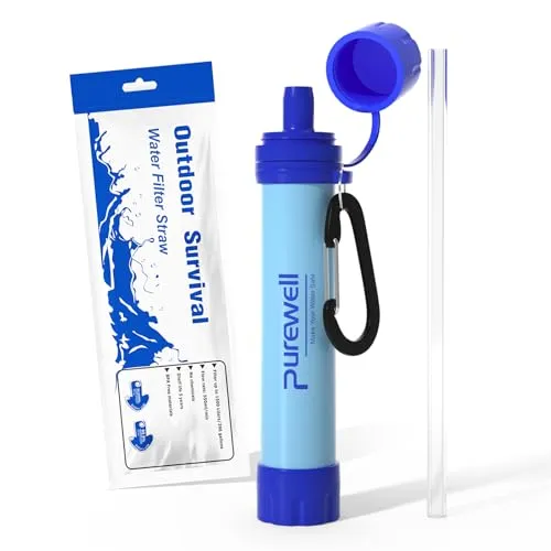 Purewell Outdoor-Wasserfilter – 0,01 μm Ultrafeinfilter entfernt 99,99% Bakterien & Schwermetalle | 1500 Litern Filterkapazität | Tragbarer Trinkwasserfilter mit Karabiner für Survival & Outdoor
