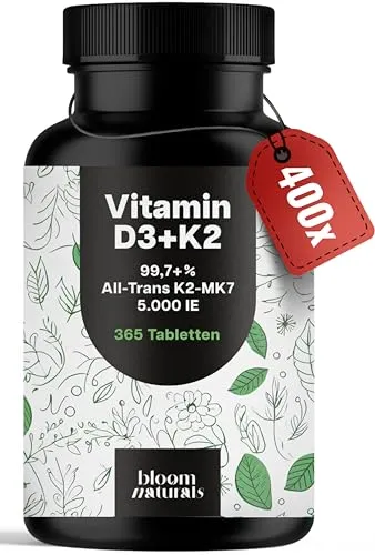 Vitamin D3 K2 5000 IE hochdosiert – 365 Tabletten – Premium 99,7+% All-Trans K2-MK7 – produziert in Deutschland