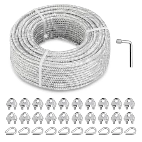 hannger 5MM Drahtseil, 30M Stahlseil Spannvorrichtung Strainer Kit mit 7×7 Strand Kern PVC-beschichtetes Stahlseil für Terrassengeländer, Treppengeländer, Beschattungssegel, Lichterkettenaufhängung