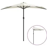 furnicato Balkon-Sonnenschirm Alu-Mast Halbrund 270x144 cm Sandfarben - Eleganter Balkon-Sonnenschirm mit robustem Alu-Mast und praktischen Kurbelmechanismus. Ideal für schattige Plätze im Garten und leicht zu montieren. UV-beständig und pflegeleicht für langanhaltende Freude.