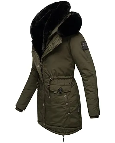 Navahoo Damen Warmer Winterparka Sweety Deluxe Dark Olive - Funktionsjacke mit abnehmbarer Kunstpelz-Kapuze, wasserabweisendem Material und warm wattiertem Innenfutter – ideal für kalte Herbst- und Wintertage.