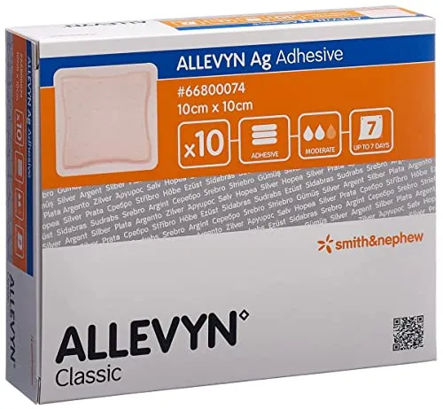 Smith & Nephew Allevyn AG Klebepflaster, 10 x 10 cm, 10 Stück - Erste-Hilfe-Heftpflaster & Verbandsmaterial, antimikrobiell für optimalen Schutz und angenehmen Tragekomfort.
