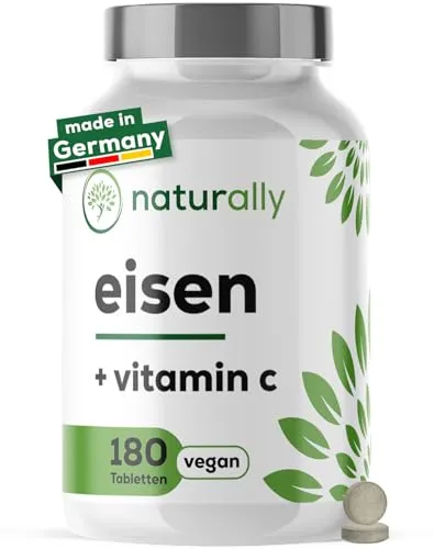 naturally Eisentabletten mit Vitamin C [180 Stück] – 20mg Eisen aus Eisenbisglycinat, 40mg Vitamin C aus Hagebutte – vegan, ohne Zusätze
