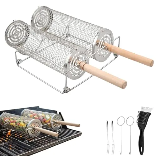 Pcs Grillkorb 30cm 29cm, Grillkorb Gemüse Edelstahl Rund mit 2 Abnehmbarer Holzgriff, 2 Haken, 2 Gabeln, Reinigungsbürste, Halterungen, Fischgrillgitter Fleisch Grillzubehör, Upgrade Öffnung 2