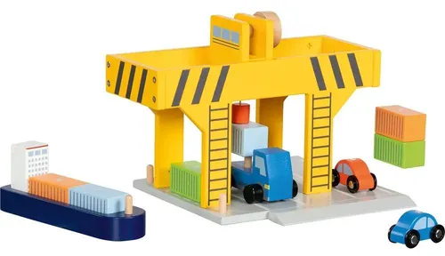 goki Spielzeug-Kran Hafenkran aus Holz mit Container und Fahrzeugen, 13-tlg.