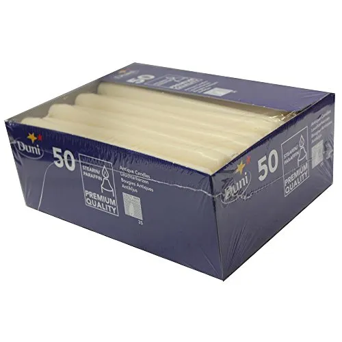 Duni 351318 Leuchterkerzen Creme - 50 Stück - Spitzkerzen mit einer Brenndauer von bis zu 7,5 Stunden, ideal für stimmungsvolle Anlässe und festliche Tischdekorationen.