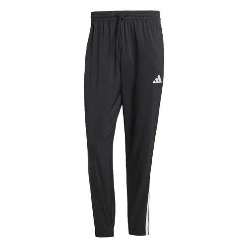 adidas Herren Essential Three Stripes Woven Pant, Black/White, L - Fitnesshosen mit regulärer Passform und elastischem Bund, ideal für Training und Freizeit. Hergestellt aus 100% recyceltem Polyester für nachhaltigen Komfort.