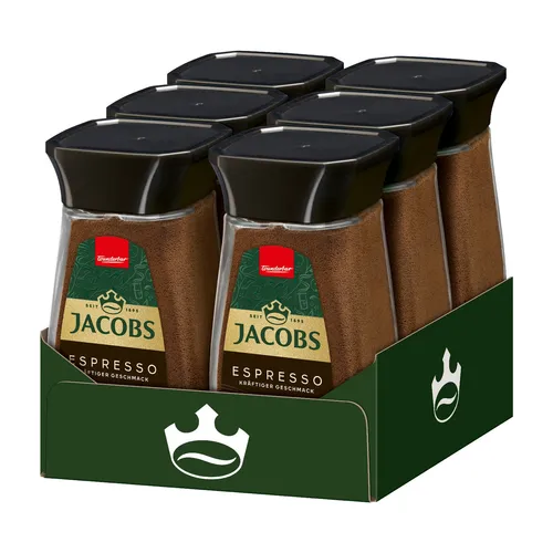 JACOBS Löskaffee Typ Espresso 6 x 100 g Gläser - Kaffee: Hochwertiger Instantkaffee in praktischen Gläsern, ideal für schnellen Genuss – mindestens haltbar bis 07.2027.