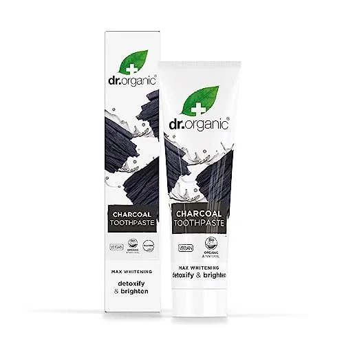 Dr Organic Aktivkohle Zahnpasta, Extra Aufhellend - Zahnpaste mit biologischer Aktivkohle, die sanft Flecken entfernt und für ein strahlendes Lächeln sorgt. Vegan, tierversuchsfrei und in umweltfreundlicher Verpackung.