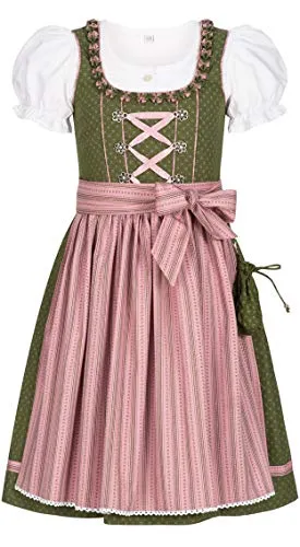Nübler Dirndl Mädchen NABILA - 3-teiliges Set inkl. Dirndl Kleid, Trachtenbluse & Schürze in Oliv/Rosa, hochwertige bayerische Tracht, Bezauberndes Blumenmuster, ideal für Feste und Feiern, Größe:158