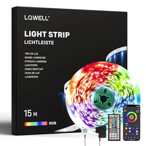 LQWELL® 15M LED-Lichtleiste RGB mit Fernbedienung und App, Musiksynchronisierung, Farbwechsel, Bluetooth, Deko Streifenlicht für Party, Zuhause, Schlafzimmer, Fernseher (360 Beads)