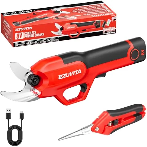 EZUVITA Akku Astschere 25mm mit SK5 Klinge und Akku, Rot | Kabellose Gartenschere für einfache Pflege