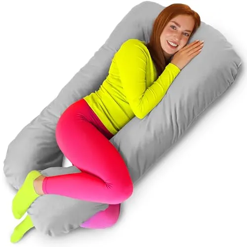 Amilian XXL Stillkissen - Nursing Pillow - Seitenschläferkissen mit Bezug, Lagerungskissen für Schwangerschaft, Schlaf und Stillzeit – waschbarer Bezug - Silberne Eleganz