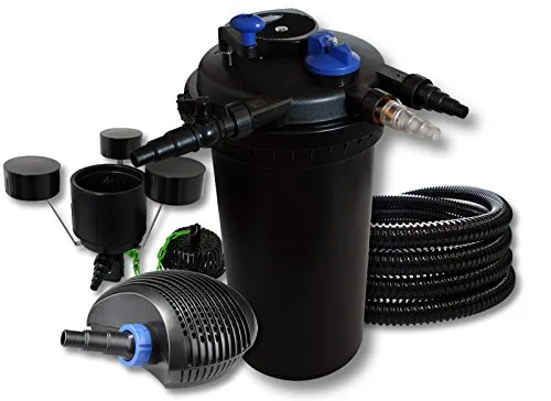 SunSun Komplettset: CPF-15000 Teichdruckfilter bis 30000 L mit 18 Watt UV-C Teichklärer, CTF-6000 SuperECO Teichpumpe 6000l/h 40W, 25m Teichschlauch 25 mm, CSP-250 Schwimmskimmer mit Pumpe 2500l/h 45W