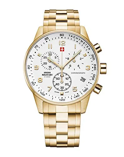 Swiss Military by Chrono Herren Uhr Chronograph Quarzuhrwerk mit Edelstahl Metallarmband Analoge Herrenuhr Armbanduhr Gold SM34012.03
