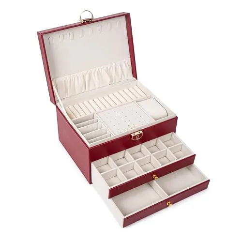 BESTIF Schmuckkästchen Schmuckbox Schmuckkasten Groß Ketten PU Leder Jewellery Box (Rot)