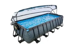 EXIT Stone Pool 540x250x100cm – Komplettset mit Sandfilterpumpe und Wärmepumpe - Swimmingpools – Rechteckiger grauer Rahmenpool mit Abdeckung, Sandfilterpumpe und Wärmepumpe für erfrischenden Badespaß im Garten.