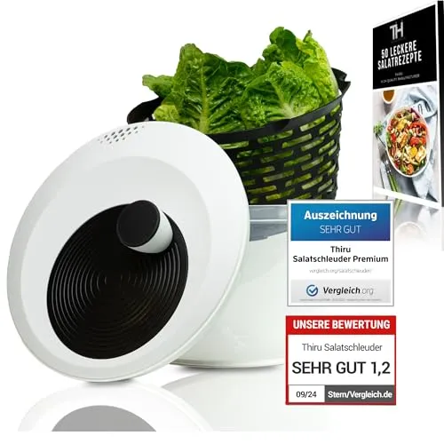 Thiru Salatschleuder Premium 5L groß - Testsieger 2025-60 Tage risikofrei testen - rutschfeste 2in1 Schleuder & Salatschüssel - ø 24,5 cm - BPA FREI spülmaschinenfest - inkl. eBook