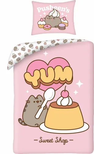 Halantex PUSHEEN YUM Pudding Wendbares Bettwäsche-Set - Bettwaren-Set für Kinder, 2-teilig, wendbar mit zwei Designs, aus 100% Baumwolle, Öko-Tex Standard 100, ideal für ein gemütliches Kinderzimmer.
