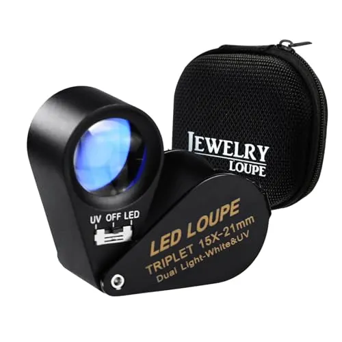 15X Juwelier Lupe 21mm Vergrößerungsglas mit 6 LED & UV-Licht Lupe Taschenlupe mit Licht Triplet Optikglas Objektiv Lupe Edelstein Juwelier
