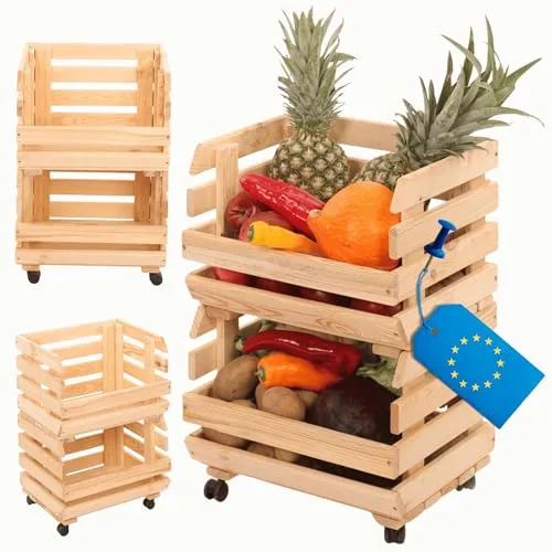 MODO24 Modular Holzregal für Gemüse & Obst auf Rollen - Praktisches Holzregal mit Rädern für einfache Mobilität und flexible Nutzung. Ideal zur Aufbewahrung von Obst und Gemüse, bietet es optimale Luftzirkulation und passt sich Ihren Bedürfnissen an.