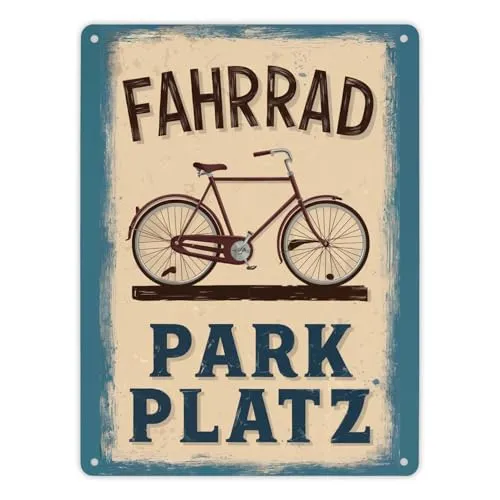 Vintage Fahrrad Parkplatz Metallschild XL in 21x28 cm Stilvolles altmodisches Schild in Blau mit charmanten Buchstaben auf Hintergrund
