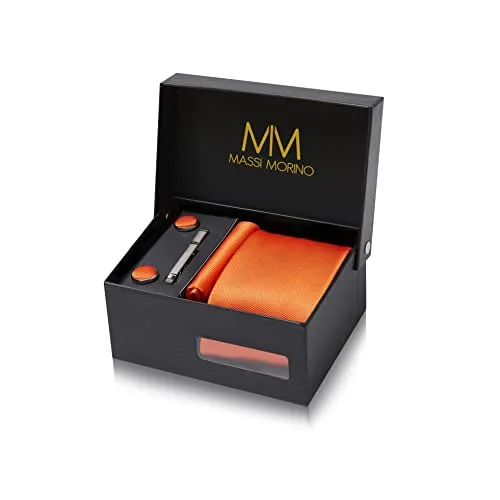 Massi Morino Krawatte Orange Set mit Einstecktuch, Manschettenknöpfen und Krawattennadel - 5-in-1 Krawattenset für Herren in edler Geschenkbox, inklusive Krawatte, Einstecktuch und Manschettenknöpfen – ideal für jeden eleganten Anlass.