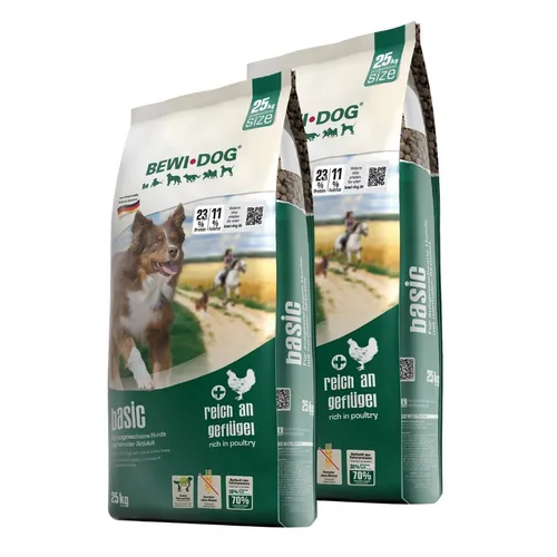 Bewi Dog Basic Trockenfutter mit Geflügel 2x25kg - BEWI DOG® Basic ist ein hochwertiges Trockenfutter für aktive Hunde. Mit 70 % tierischem Eiweiß und einer leicht verdaulichen Rezeptur unterstützt es die Vitalität und sorgt für ein glänzendes Fell. Hergestellt in Deutschland, weizenfrei.