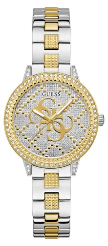 GUESS Damen Analog Uhr GW0944L3 – Elegante Bicolor Armbanduhr - Stilvolle Damenuhr im Bicolor Design mit glitzerndem Zifferblatt und kristallbesetzter Lünette. Perfekt für Alltag und besondere Anlässe. Wasserdicht bis 30m, robustes Mineralglas.