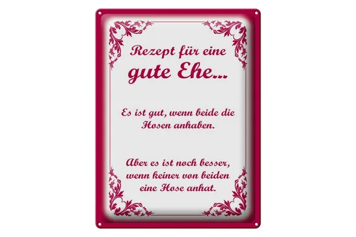 Femer GmbH Metallschild Spruch 30x40cm - Rezept für eine gute Ehe - Hochwertiges Metallschild mit gewölbter Oberfläche und abgerundeten Ecken. Ideal als Geschenk oder zur Dekoration für jedes Zuhause. Verleiht jedem Raum eine persönliche Note!