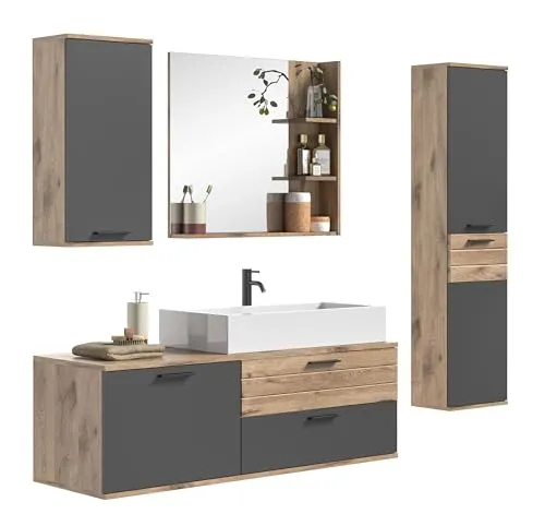 xonox.home Badkombination Mason 4-teilig - Badezimmerschränke in Nox Oak und Basalt grau, stilvolle Kombination mit großzügigem Stauraum für Ihr modernes Badezimmer.